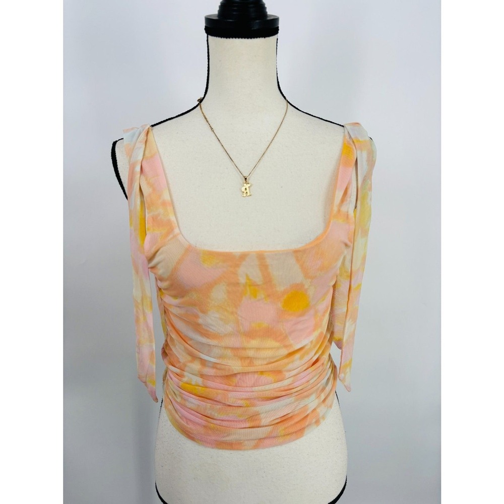 Free People Ruched Mesh‎ Tank Top Womens Large Orange Tie Dye Tie Shoulder